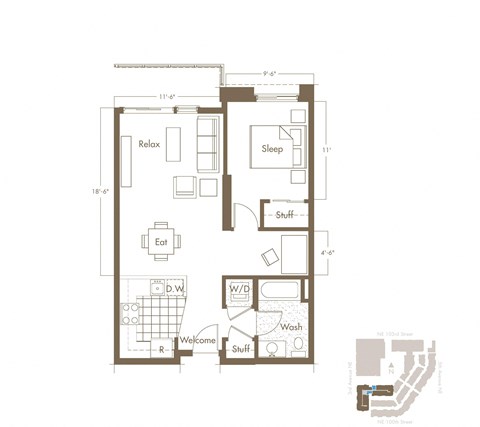 Floor plan for 1 bed, 1 bath, 704 sqft
